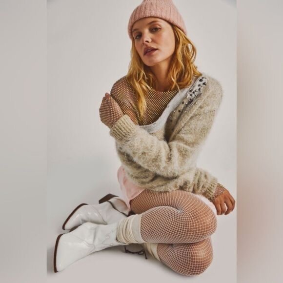 RARE NWT Free People Embellished Pull Over Knit Sweater | Mob Wife Coquette Boho - Picture 16 of 16